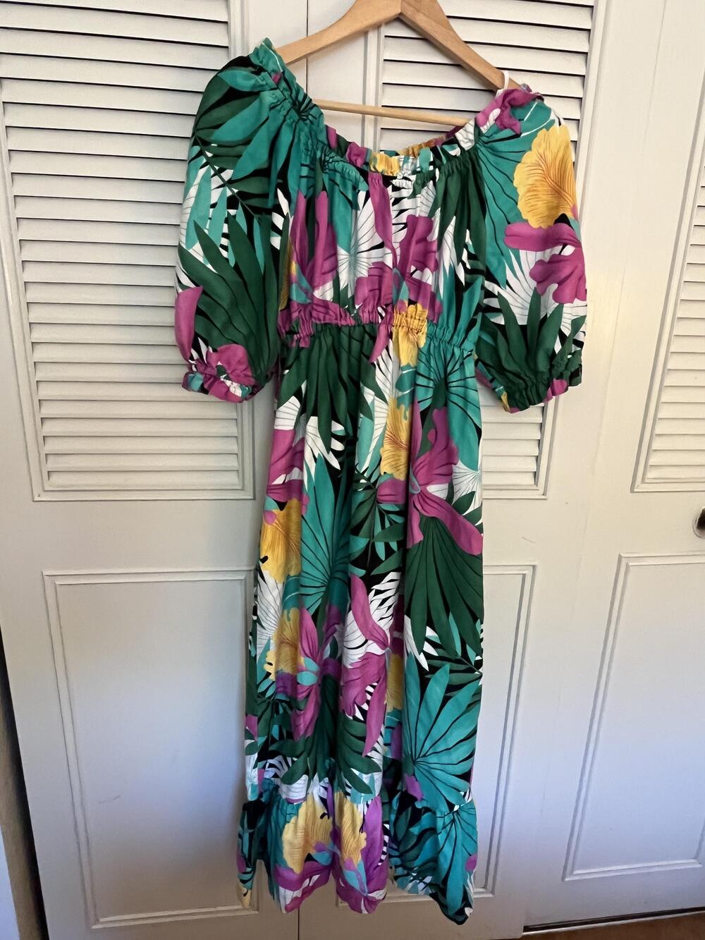 Vintage Hilo Hattie Hawaiian Maxi Sundress L Floral Tropical Puff Sleeve Ruffle